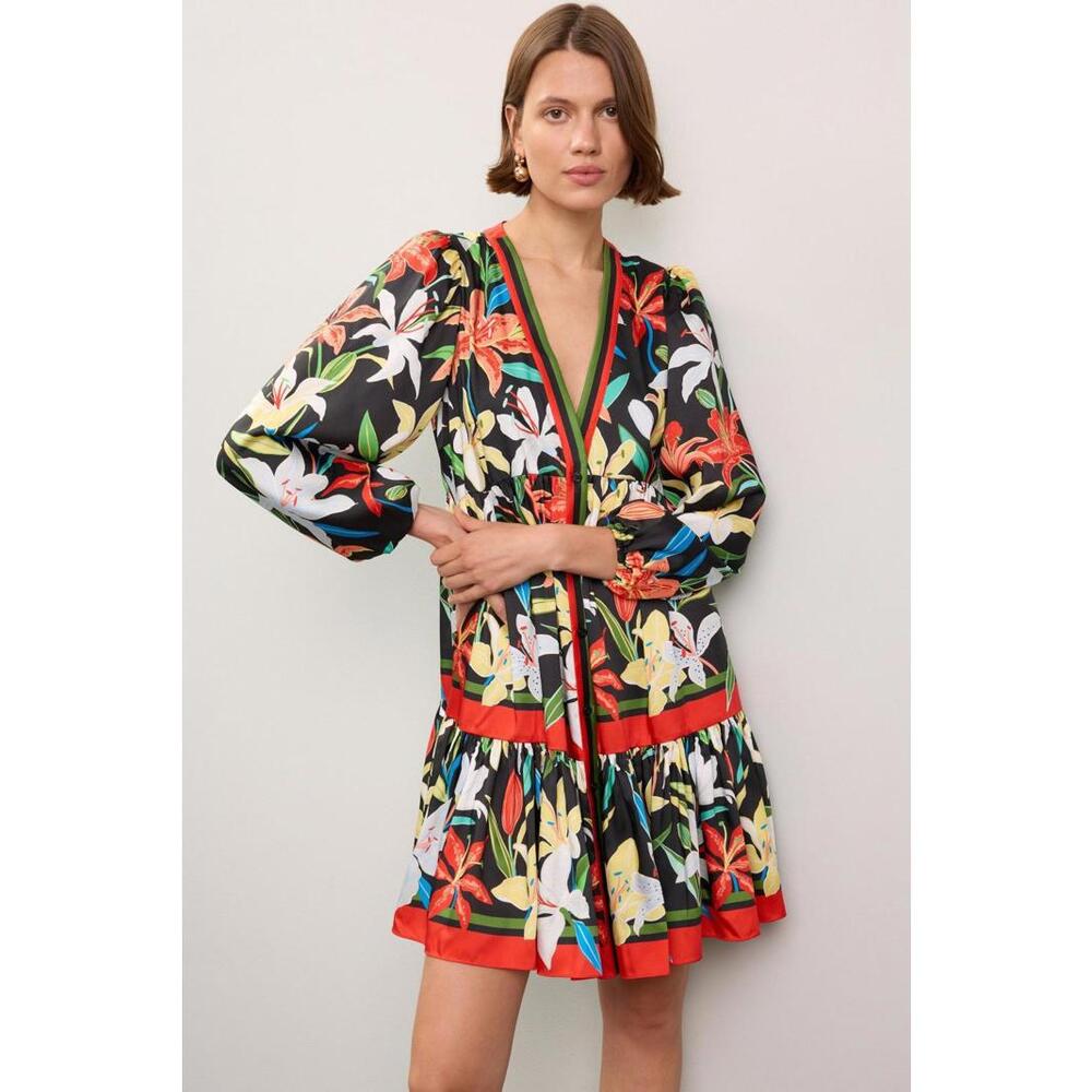Kate Spade New York Multicolore Summer Lilies Twill Dress Size M w/ Fabric Pull